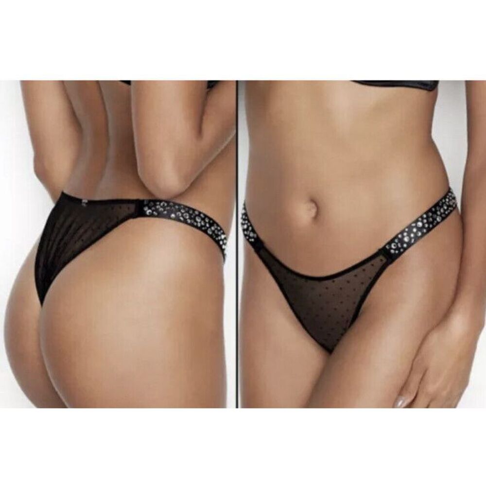 Victoria Secret Luxe Dream Angels Sheer Mesh Rhinestones Thong Panty Black Sz S